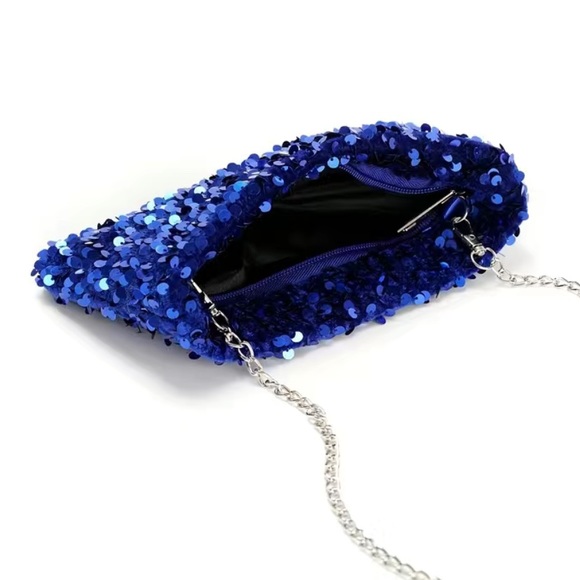 Sparkle Sequin Evening Clutch Bag Royal Blue Chain Strap Party Purse - Picture 3 of 3